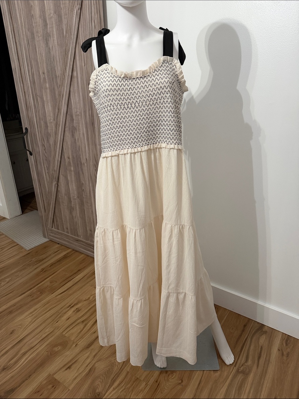 Cream Tiered Dress with Black Tie Straps